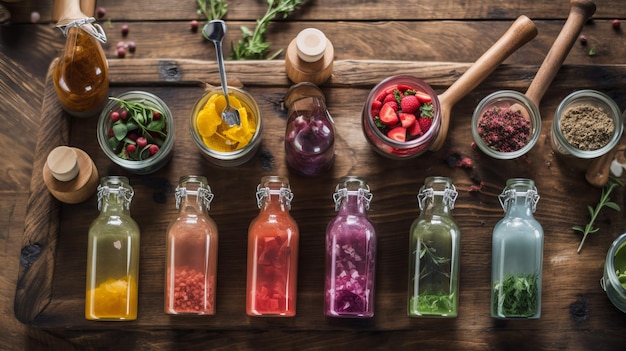 Różne kolorowe świeże soki owocowe w szklanych butelkach
