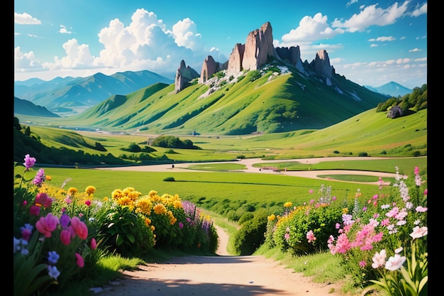 Zdjęcie różne kwiaty na zielonej trawie i góry w oddali są niebieskie niebo białe chmury