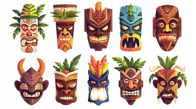 Różne maski tiki izolowane na białym tle Współczesna ilustracja kreskówkowa plemiennych drewnianych totemów tradycyjnych hawajskich lub polinezyjskich atrybutów przerażające twarze ozdobione liśćmi