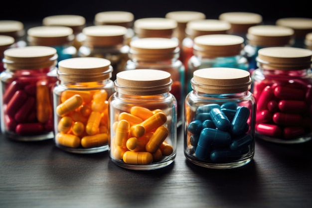 Różne medyczne kapsułki i tabletki w słoikach Naturalne pigułki z roślin leczniczych Generative AI