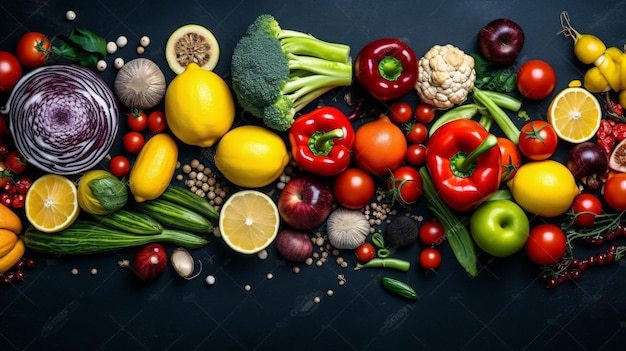 Różne nasiona warzyw i owoce na szarym stole leżały płasko Zdrowa dieta Generatywna AI