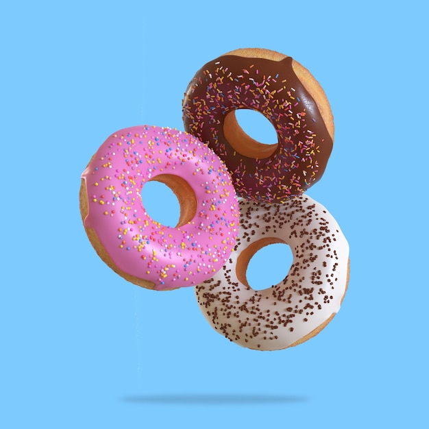 Różne pączki latają na niebieskim tle Minimalna koncepcja ilustracji renderingu 3D