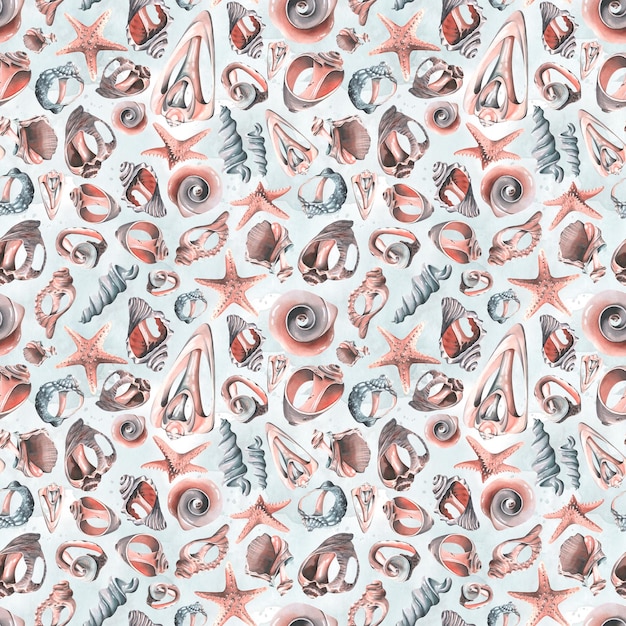 Różne połamane muszle i rozgwiazdy na niebieskim tle Akwarela ilustracja Jednolity wzór z kolekcji WIELORYBÓW Do tkanin tekstylnych opakowania do tapet plaża i letnie nadruki