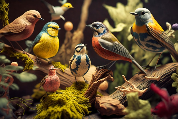 Różne ptaki o różnych kształtach, rozmiarach i kolorach w ich naturalnym środowisku