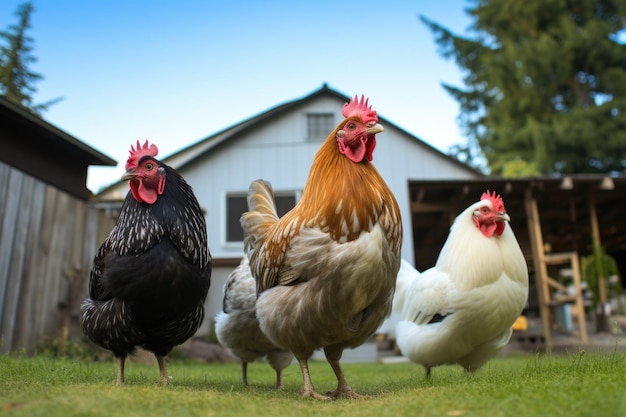 Różne rasy kurczaków wędrujących po podwórku
