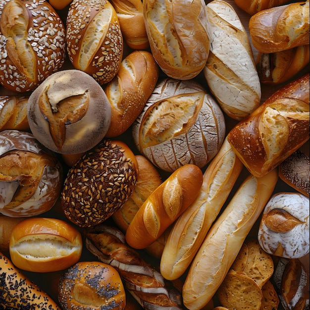 Różne rodzaje chleba ułożone na sobie pokazują mieszankę podstawowych pokarmów