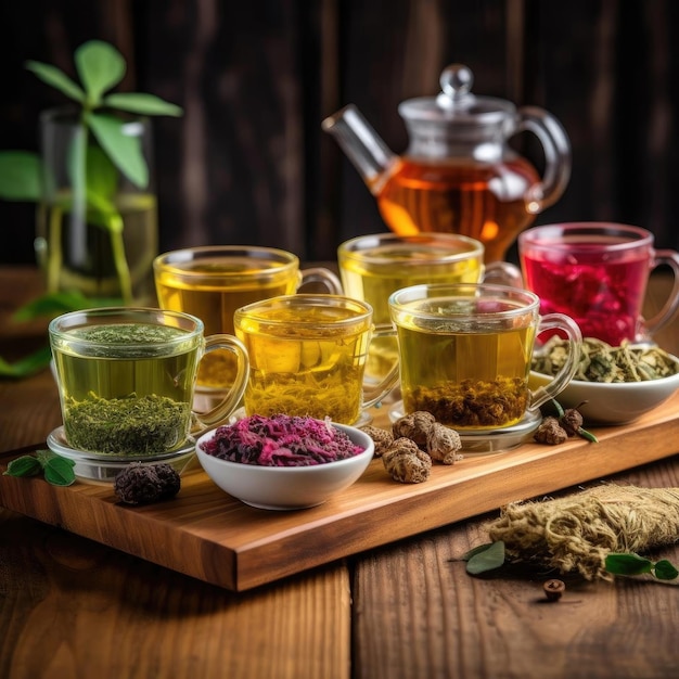 Różne rodzaje herbaty na drewnianym stole selekcyjna ostrość