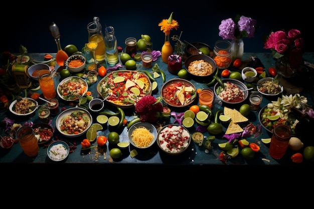 Różne rodzaje jedzenia są rozłożone na stole meksykańska uczta z tacos guacamole i margaritas