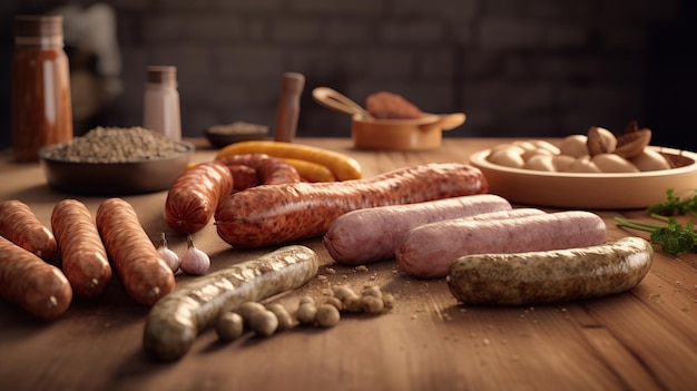 Różne rodzaje kiełbas na drewnianym stole produkty mięsne