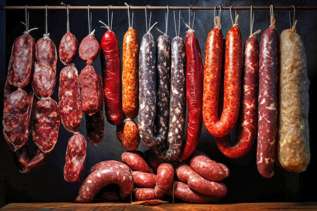 Różne rodzaje kiełbas zawieszonych na stojaku Suszone kiełbasy różnych odmian Różnorodność produktów mięsnych Produkcja domowa