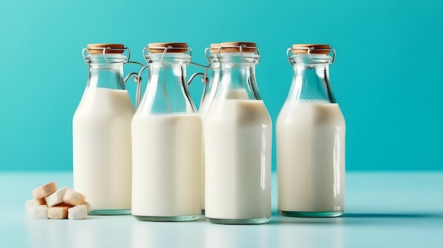 Różne rodzaje mleka w butelkach na niebieskim tle