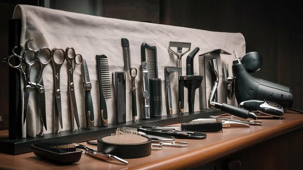 Różne rodzaje narzędzi fryzjerskich w rzędzie na drewnianej powierzchni