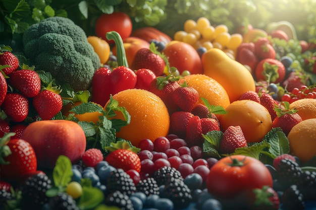 Różne rodzaje owoców i warzyw świeże i kolorowe rozłożone na całym obrazie zawiera
