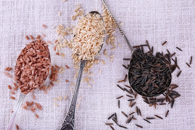 Różne rodzaje ryżu w łyżkach na tle tkaniny