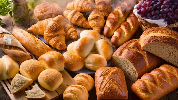 Różne rodzaje świeżego chleba jako tło z góry