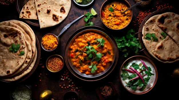 Różne różne potrawy indyjskie na ciemnym tle rustykalnym Generative AI