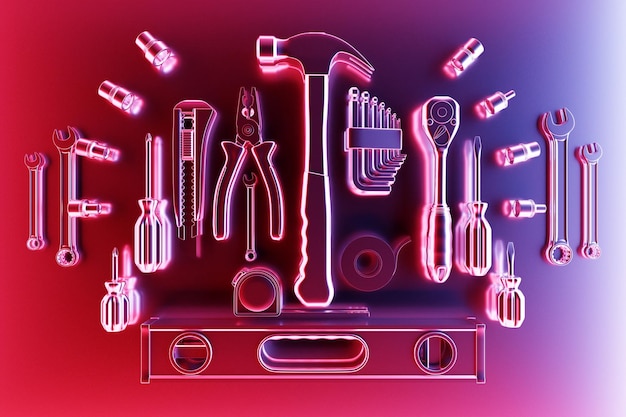 Różne różowe narzędzia robocze do naprawy konstrukcji na tle monochromatycznym Poziom śrubokręta taśma elektryczna młotek nóż nożyczki klucz itp Ilustracja 3D