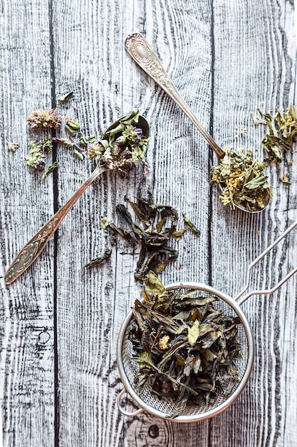 Zdjęcie różne suche herbaty ziołowe na szarym drewnianym stole