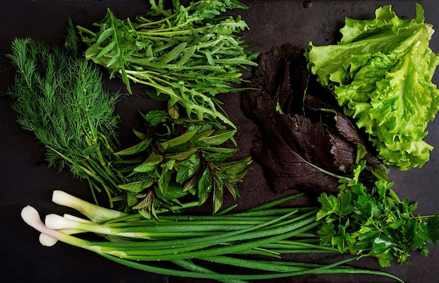 Różne świeże zioła organiczne (sałata, arugula, koperek, mięta, czerwona sałata i cebula) na czarnym tle w rustykalnym stylu. Widok z góry