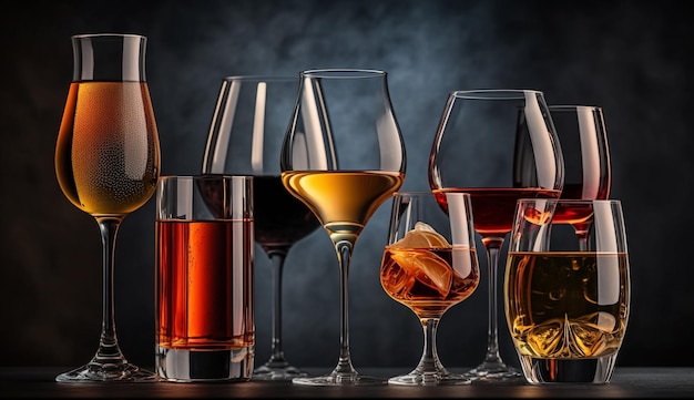 Różne szklane kieliszki z różnymi typami generatywnych alkoholi ai