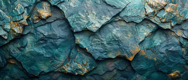 Różne szorstkie tekstury skalne Tonowane Pęknięte rozpadające się powierzchnie górskie Closeup Ciemny turkusowy tło z przestrzenią kopiowania Szeroki baner Panoramiczny
