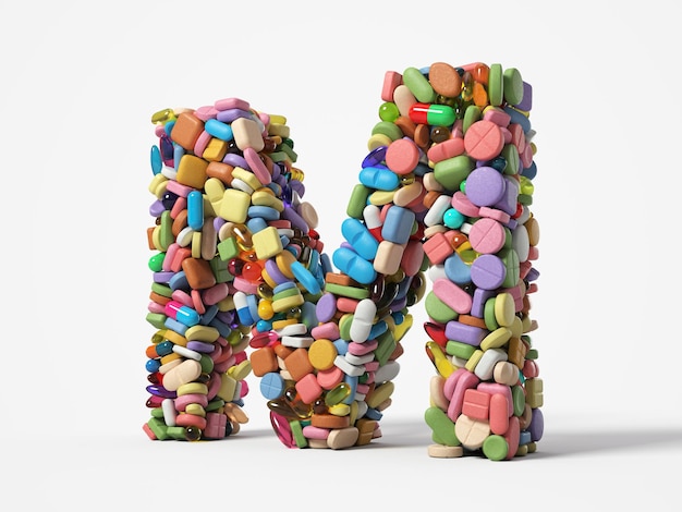 Różne tabletki stosują się w kształcie litery M. odpowiednie do tematów związanych z medycyną, opieką zdrowotną i nauką. Ilustracja 3D, izolowana na białym tle