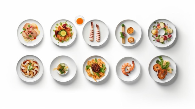 Różne talerze z jedzeniem na białym tle widok z góry Generative AI