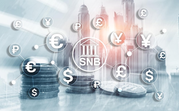 Różne waluty na wirtualnym ekranie SNB Swiss National Bank