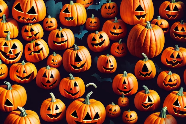 Różne wycięte twarze w ciemnym tle dyni Halloween i pomarańczowe dynie