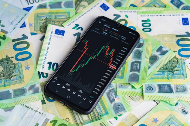 Różne wykresy kursów walut na ekranie smartfona Inteligentny gadżet na stosie banknotów euro