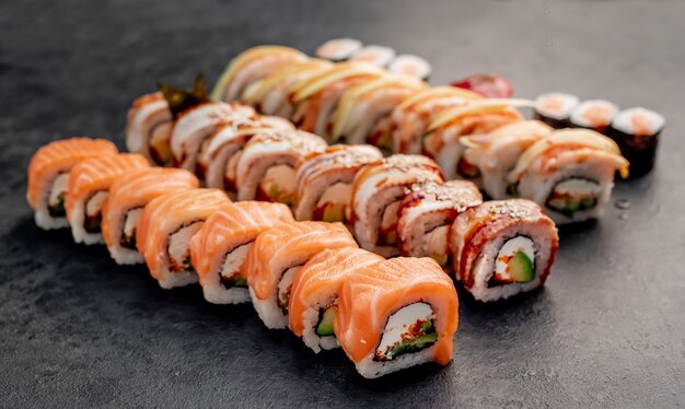 Różne zestawy sushi nigiri i rolki sushi na kamiennym tle