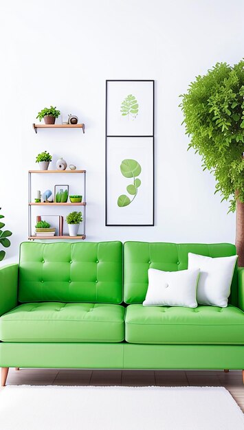 Różnego koloru kanapa z ścianą i kwiatowym drzewem