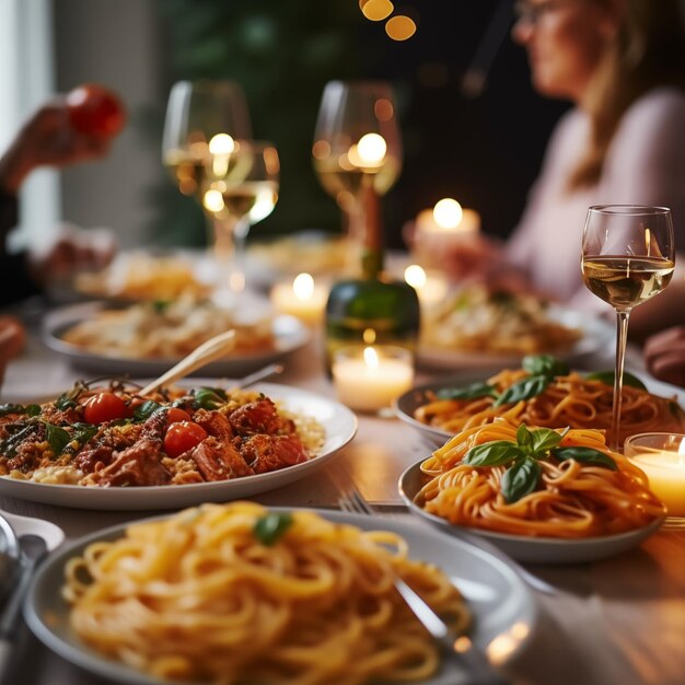 Różni ludzie jedzący wegańską kolację Grupa przyjaciół bawiących się podczas wspólnego posiłku w ciepłym i przyjaznym domu