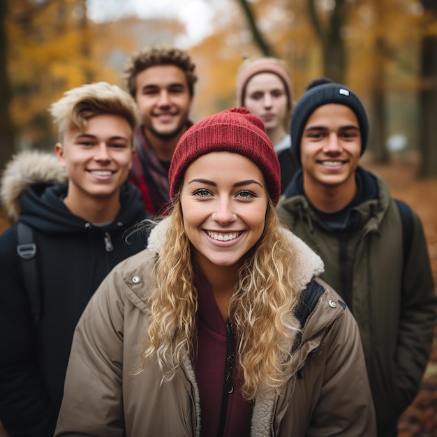 Różni młodzi nastolatkowie uśmiechają się do kamery na zewnątrz w jesieni wielorasowy szczęśliwy młody generatywny AI