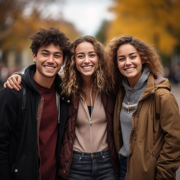 Różni młodzi nastolatkowie uśmiechają się do kamery na zewnątrz w jesieni wielorasowy szczęśliwy młody generatywny AI