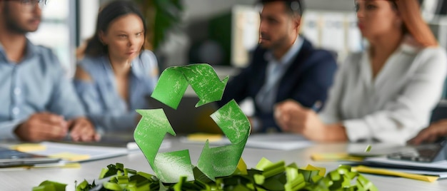 Różni wykształceni pracownicy biurowi dyskutują o recyklingu zasobów naturalnych.