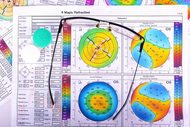 Zdjęcie rożniak 2-3 etapy, topografia rogówki i okulary, widok z góry choroby widzenia obwodowego.