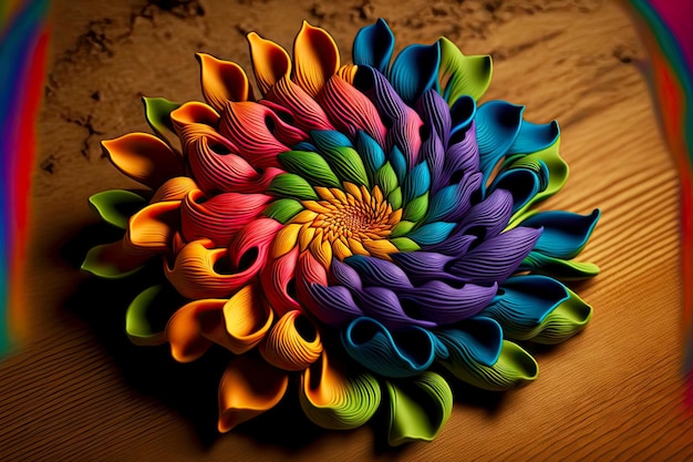 Różnobarwny kwiat z plasteliny w postaci puszystej chryzantemy stworzony za pomocą generatywnej ai