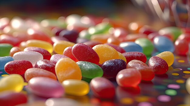 Zdjęcie różnokolorowe galaretki z cukrem posypane kwaśnymi cukierkami tęczy w tle z góry