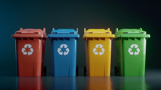 Zdjęcie różnokolorowy pojemnik do recyklingu śmieci dbaj o środowisko i planetę