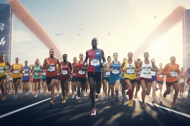 Różnorodna grupa biegaczy maratonu przekracza Generative ai