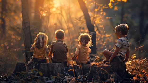 Różnorodna grupa dzieci siedzi na drewnianym drewnie w spokojnym lesie