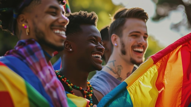Różnorodna grupa etniczna mężczyzn LGBTQI z flagą tęczy ruch LGBTQI
