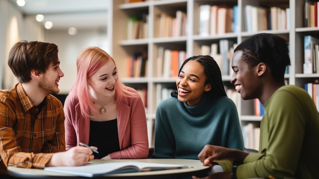 Różnorodna grupa pięciu uśmiechniętych studentów zebrana wokół laptopa w bibliotece