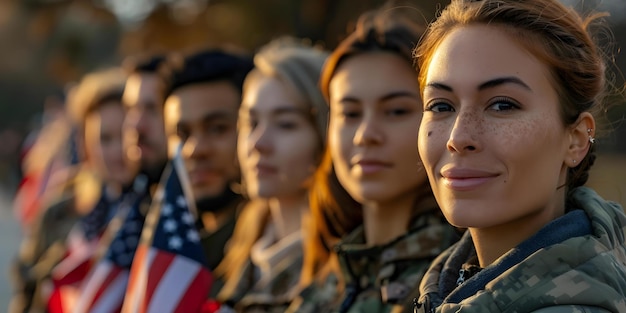 Zdjęcie różnorodna grupa przyjaciół oddająca cześć poległym żołnierzom z amerykańskimi flagami koncepcja patriotyczny hołd przyjaźń różnorodka grupa poległych żołnierzy amerykańskie flagi