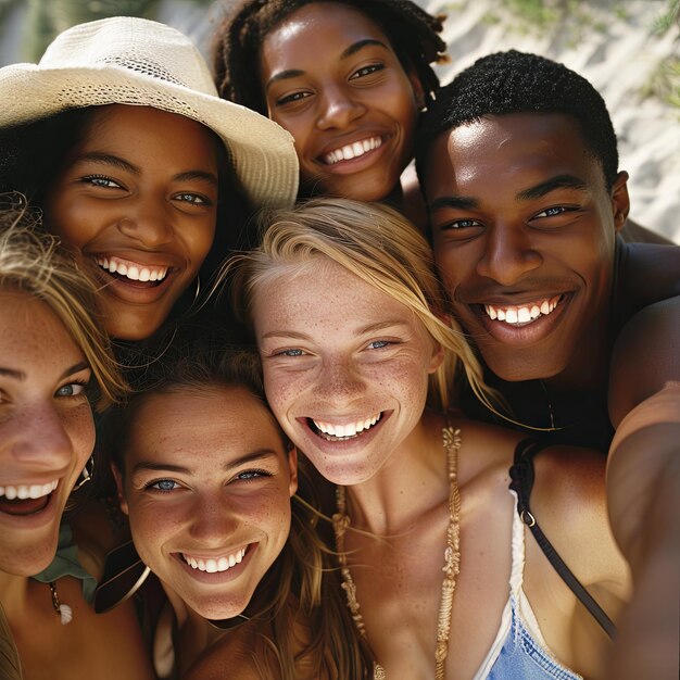 Zdjęcie różnorodna grupa szczęśliwych młodych przyjaciół cieszących się razem latem