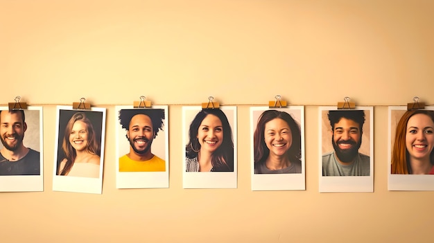 Różnorodna grupa uśmiechniętych twarzy przypiętych do ściany Przypadkowe i radosne portrety Współczesna różnorodność i inkluzywność reprezentowane na zdjęciach AI