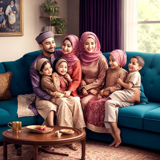 Różnorodna i wyjątkowa muzułmańska rodzina promieniująca radością zebrała się AI_Generated