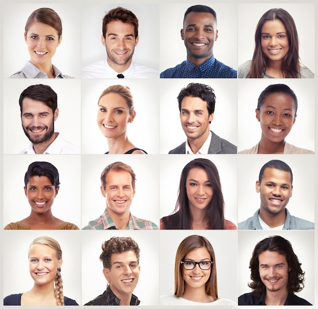 Zdjęcie różnorodna mozaika twarzy lub portret szczęśliwych ludzi w grupie społeczności lub kraju o różnych rasach zdjęcie profilowe zdjęć profilowych uśmiech lub kolaż mężczyzn lub kobiet wyizolowanych na białym tle