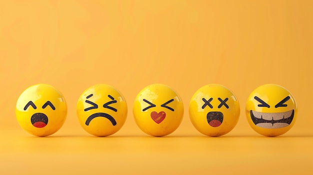 Różnorodne 3D renderowane emoji z różnymi wyrazami twarzy siedzą w rzędzie na zwykłym żółtym tle
